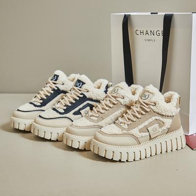 Зимние массивные ботинки на платформе для женщин, нескользящая обувь для ходьбы с меховой подкладкой для комфорта, кроссовки на шнуровке, женские уличные теплые флисовые короткие ботильоны