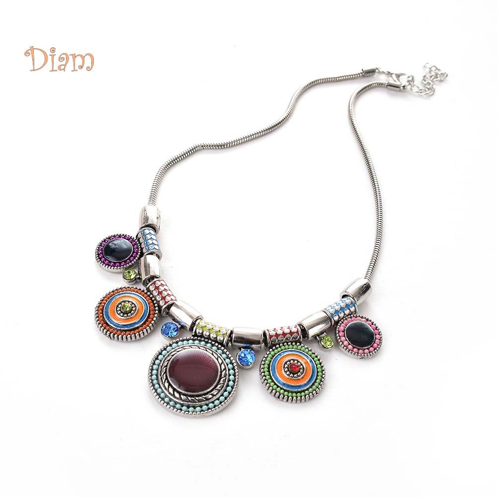 Diamonding Jewelry Ethnic Women Crystal Stone Inlaid Round Enamel Pendant Statement Bib Necklace