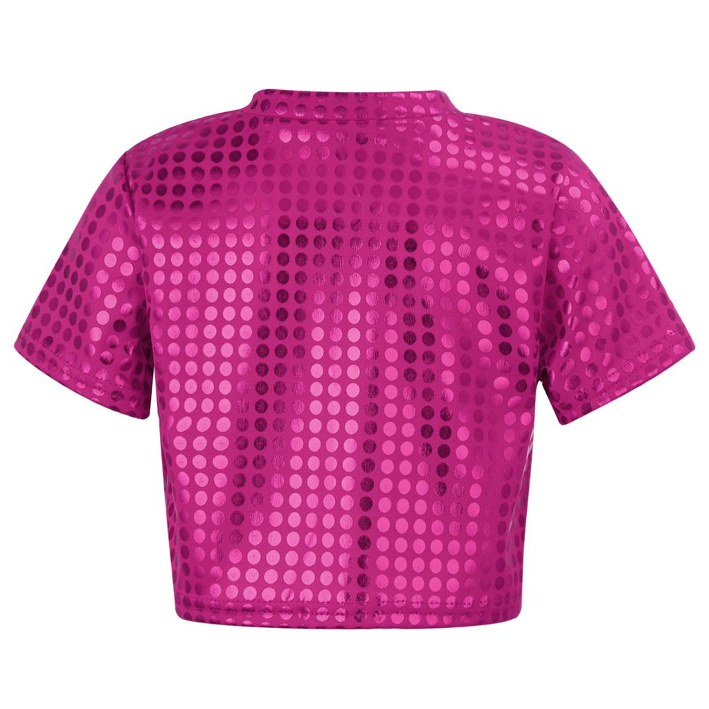 Jazz Dance Costumes Kids Boys Girls Shiny Sequins Short Sleeve Solid Color T-shirt Crop Tops Street Dance Stage Performance Wear