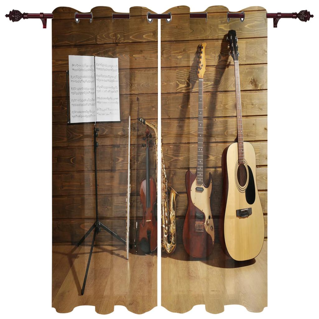 2 панели cortinas Музыка Сцена Динамик Гитара Окна Шторы Гостиная Спальня Оконные украшения Бытовая Кухня Шторы