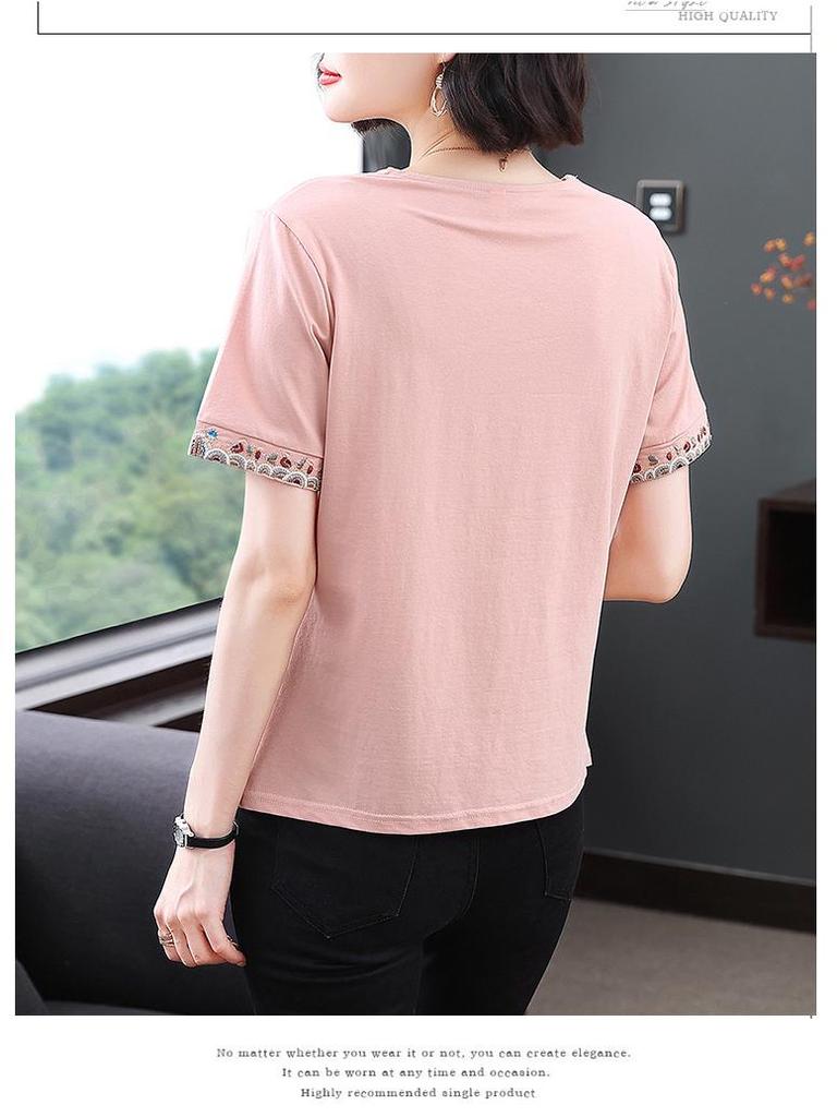 Вышитая летняя повседневная футболка с коротким рукавом для женщин среднего возраста