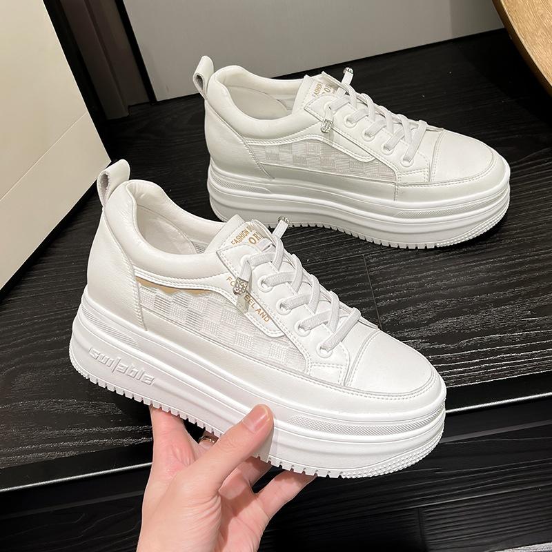 9cm Inner Raised Mesh Leather Small White Shoes for Women's 2024 Summer New Thick Soles, Versatile Casual Shoes for Students
