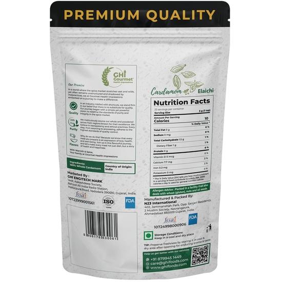 GOURMET HEALTH IMPRESSIONS Superior Grade Whole Green Cardamom (Elaichi) 50g - 8MM BOLD Size | Large Size | Aromatic Green Pods