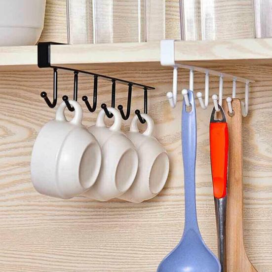 6 Hooks Kitchen Cabinet Wall Hanging Cup Holder Shelf Storage Rack Organizer