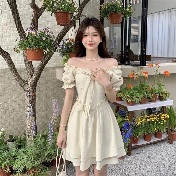 Мини-платья Женские Французский стиль Ярко-сладкие универсальные Эстетические шорты с рукавами High Street Продвинутый хипстерский темперамент Лето Повседневные