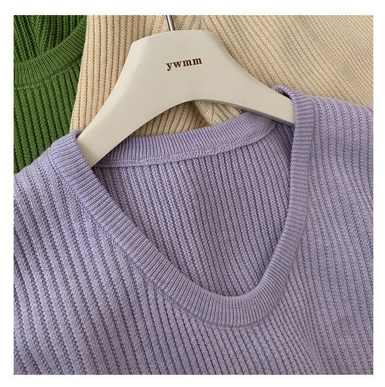 2025 Весна Повседневный трикотажный топ с U-образным вырезом и короткими рукавами в корейском стиле - Однотонный