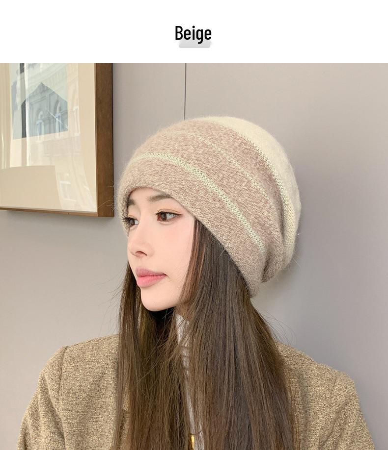 Korean Colorblock Rabbit Fur Fleece-Lined Beanie with Ear Protection – Elegant Women's Knit Hat for Cold Weather