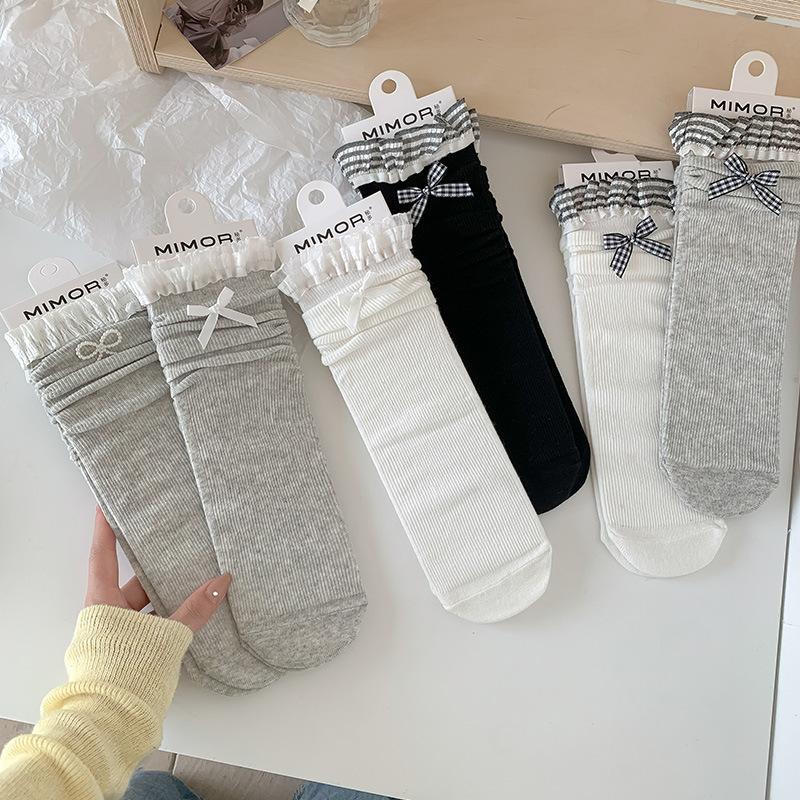 Ladies Summer Thin Bow Plingham Lace Ballet Breathable Boneless Mid Tube Pile Socks