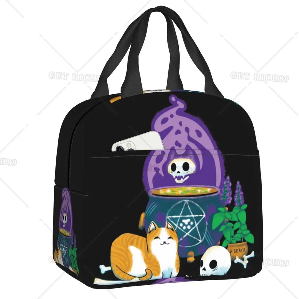 Satanic Cat Insulated Lunch Bag Waterproof Thermal Cooler Lunch Box with Side Pocket for Women Men Kids Camping Travel