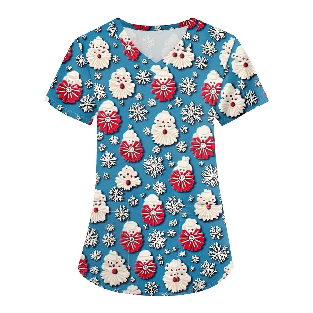 Женская мода с v-образным вырезом, короткими рукавами и карманами, топы с рождественским принтом