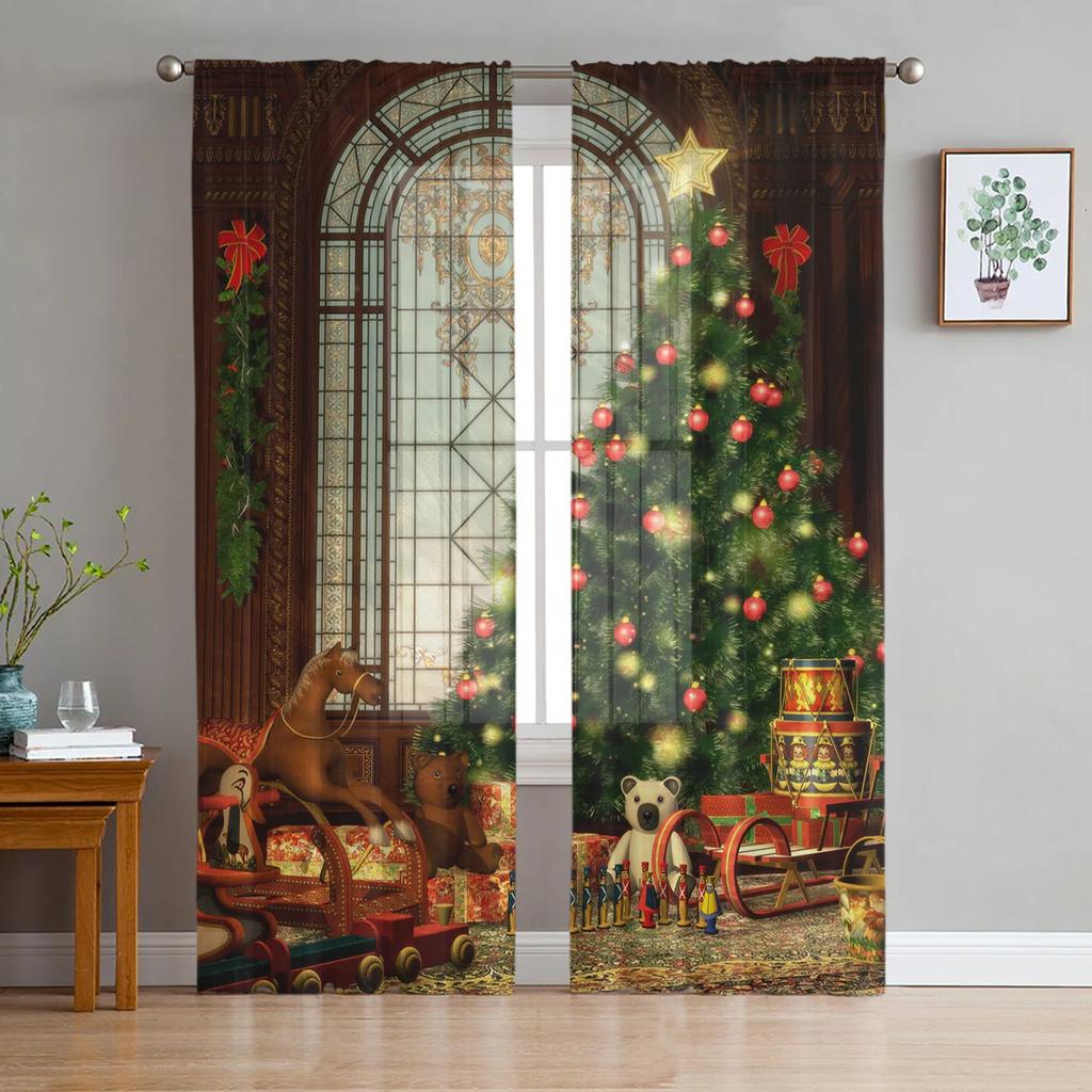 Christmas Room Christmas Tree Fireplace Tulle Sheer Window Curtains for Living Room Bedroom Modern Voile Organza Curtains Drapes