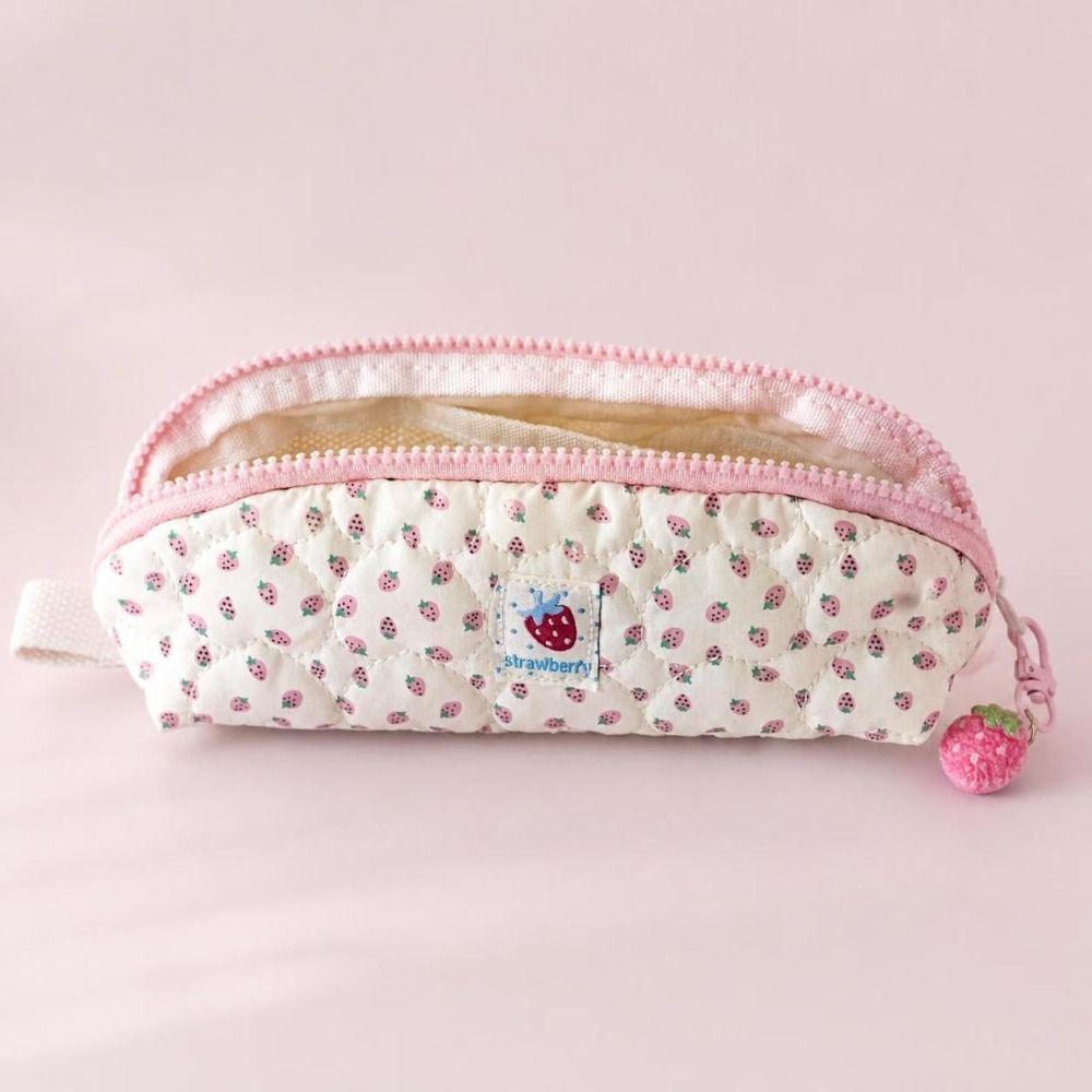 Large Capacity Stationery Bag Pink Strawberry Print Pen Bag Cosmetic Storage Bag School Supplies