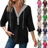 Women's Fashion Colour Block Sleeve Hooded Button V-Neck Casual Hooded Sweatshirt Top