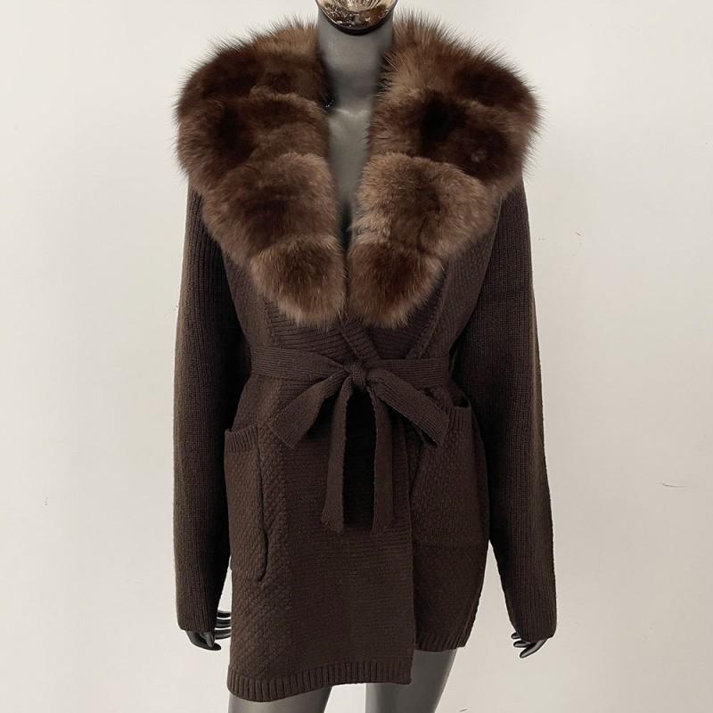 Womens Oversized Knit Cardigan With Real Fox Fur Collar Mid-Length Open Front Sweater Winter
