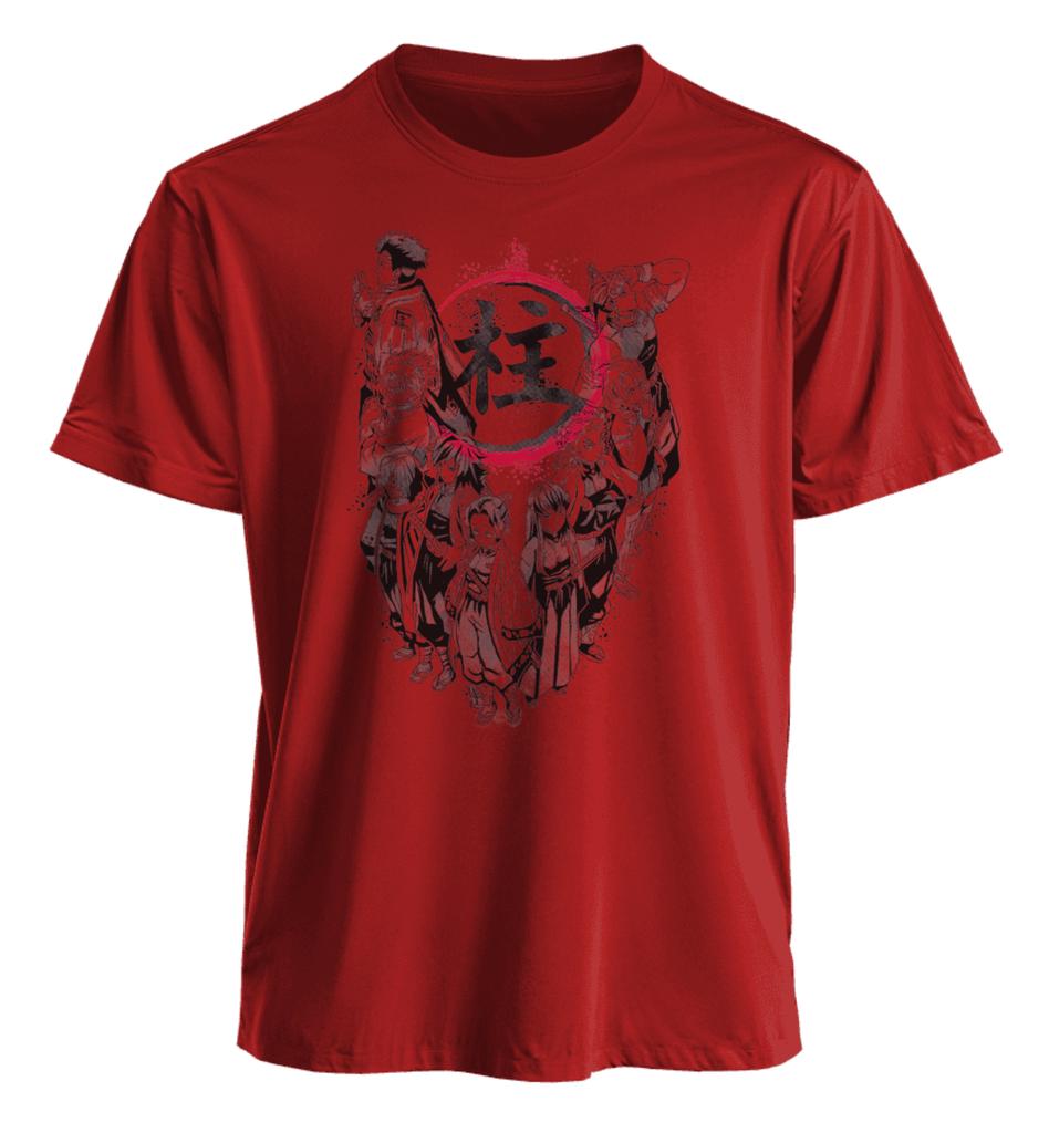 White Short Sleeve T Shirt Demon Slayer Hashira Group Print with Red Circle and Black Kanji Ink Splash Effect Cotton Anime Top