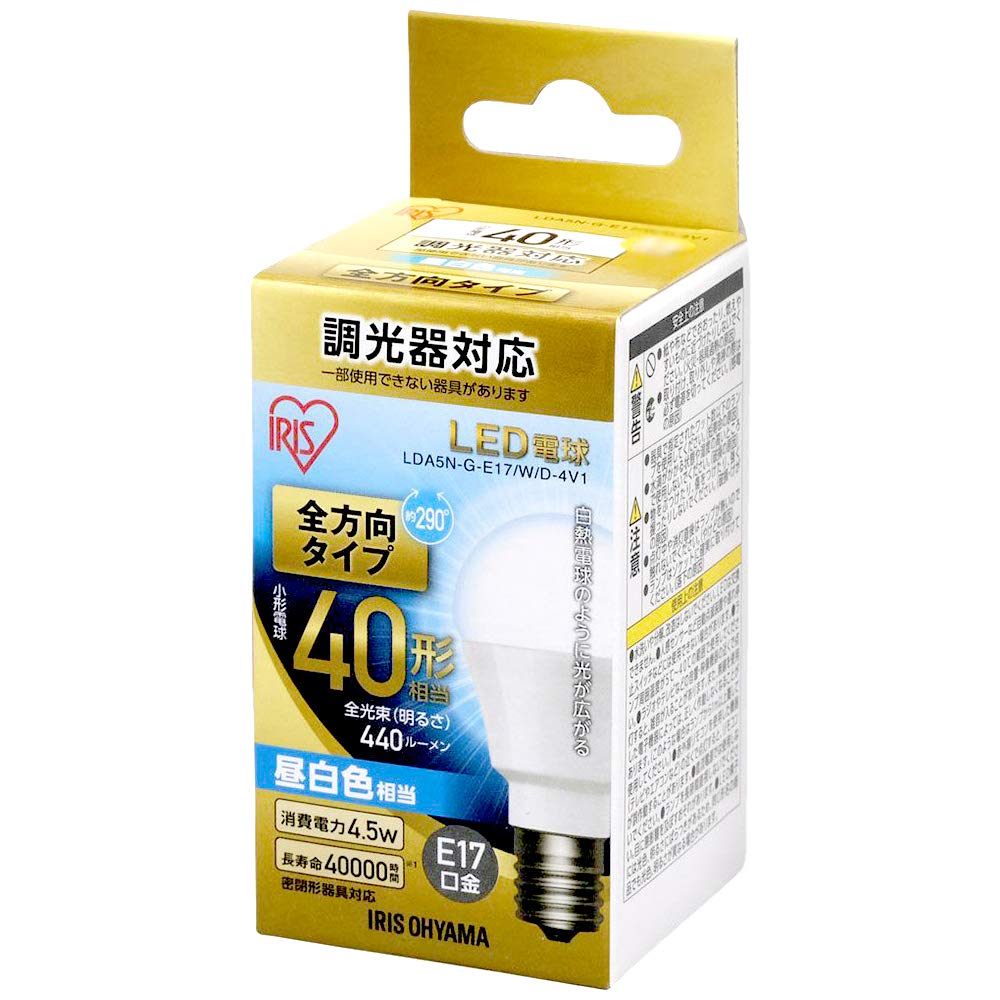Iris Ohyama LED 17mm Base 40W Daylight Compatible with Enclosed Energy-Saving Measures Bulb, Diameter, Equivalent, White, Omnidirectional, Dimmable,