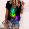 Women's Top Summer New Fashion Rose Flower Colored Feathers Printed Casual Zipper V-neck Short Sleeve Top