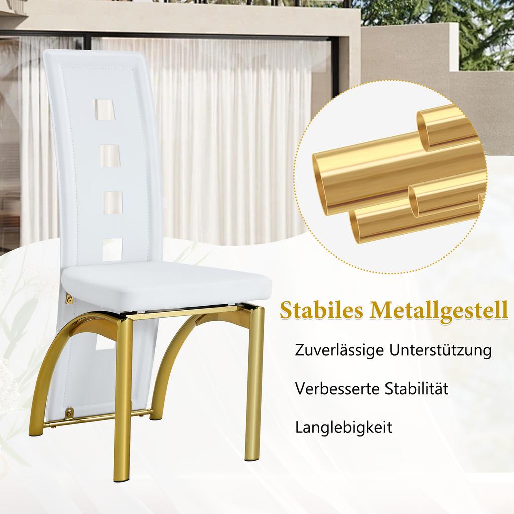 [Set of 2] European Design Dining Chairs with Hole Pattern, Matte White PU Leather + Gold Gloss Metal Legs, 102.5 cm high, for dining or living room.