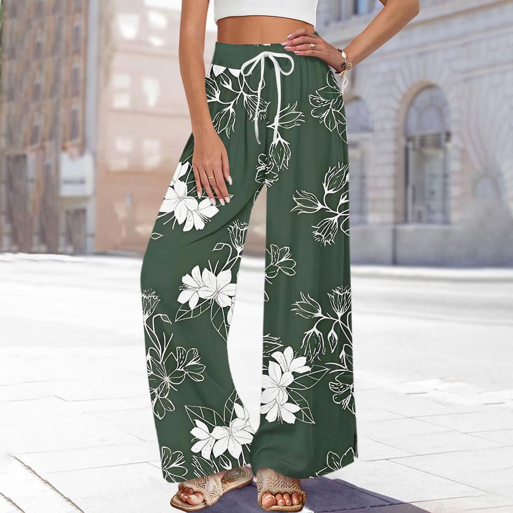 Женские брюки с принтом и широкими штанинами, с карманами, с высокой талией, на кулиске, свободные, повседневные