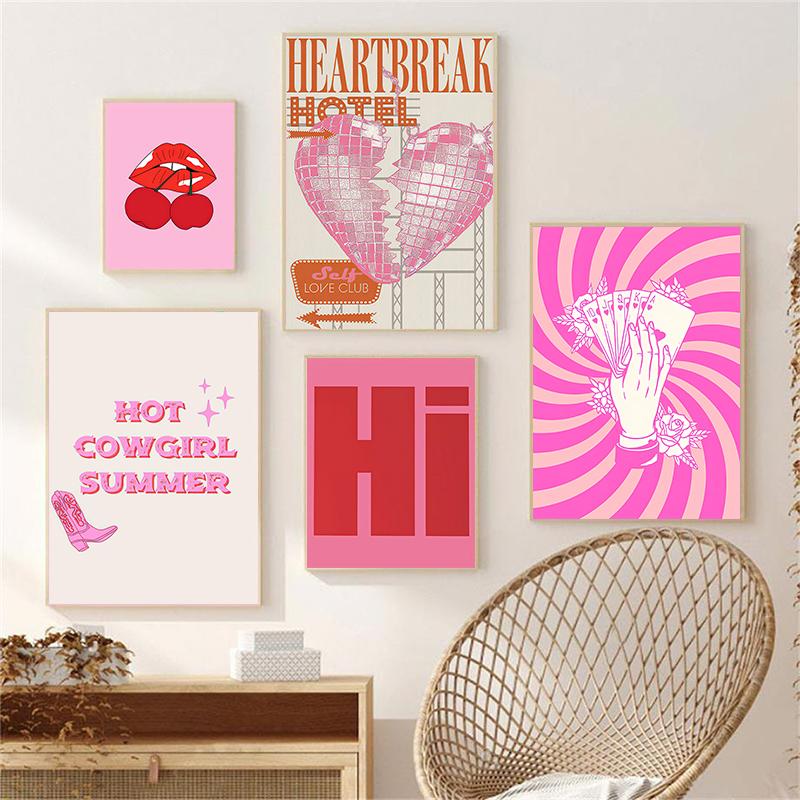 Retro Cocktail Disco Cherry Aesthetic Posters And Prints Pink Preppy Wall Art Canvas Painting Wall Pictures For Dorm Room Decor