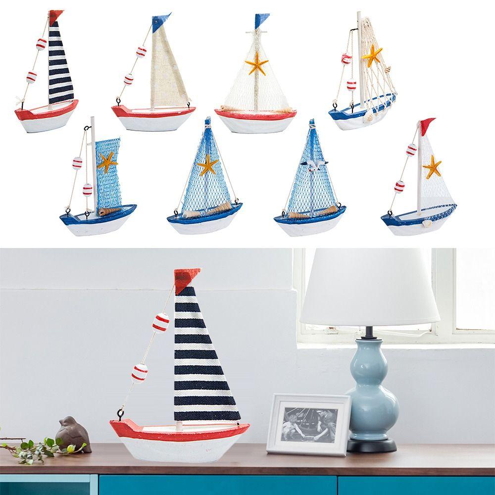Wood Sailing Boat Model Mediterranean Style Miniature Boat Figurine  Office Room Livingroom