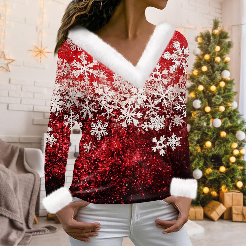 Женская мода с длинным рукавом и рождественским принтом для вечеринок, плюшевый повседневный топ с V-образным вырезом