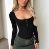 European and American Women's Autumn and Winter New Button Square Neck Fashionable Top Sexy Spicy Girl T-shirt Thread Solid Color Long Sleeved Shirt