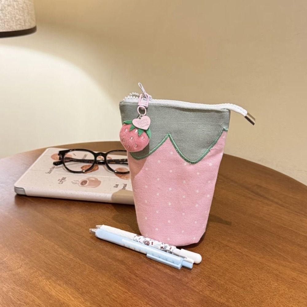 Cylindrical Stand Up Pen Bag Strawberry Pencil Case Cute Cosmetic Bag  Students Supplies