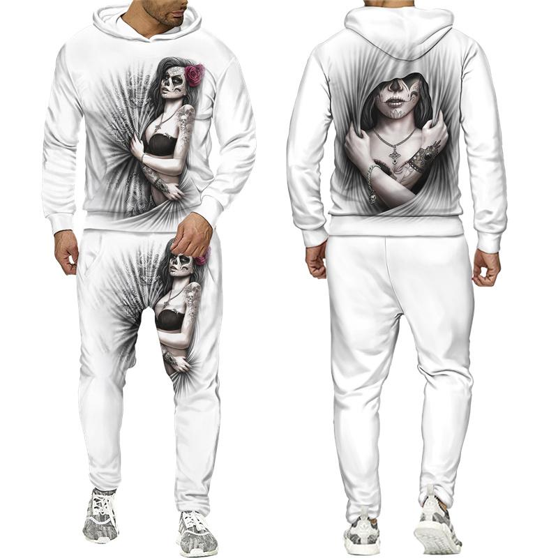Mens Tracksuit Autumn And Winter Hoodie +Pants Two Piece Set Cool 3D Skull Print Mens Fashion Hoodies Sweatshirts Suits