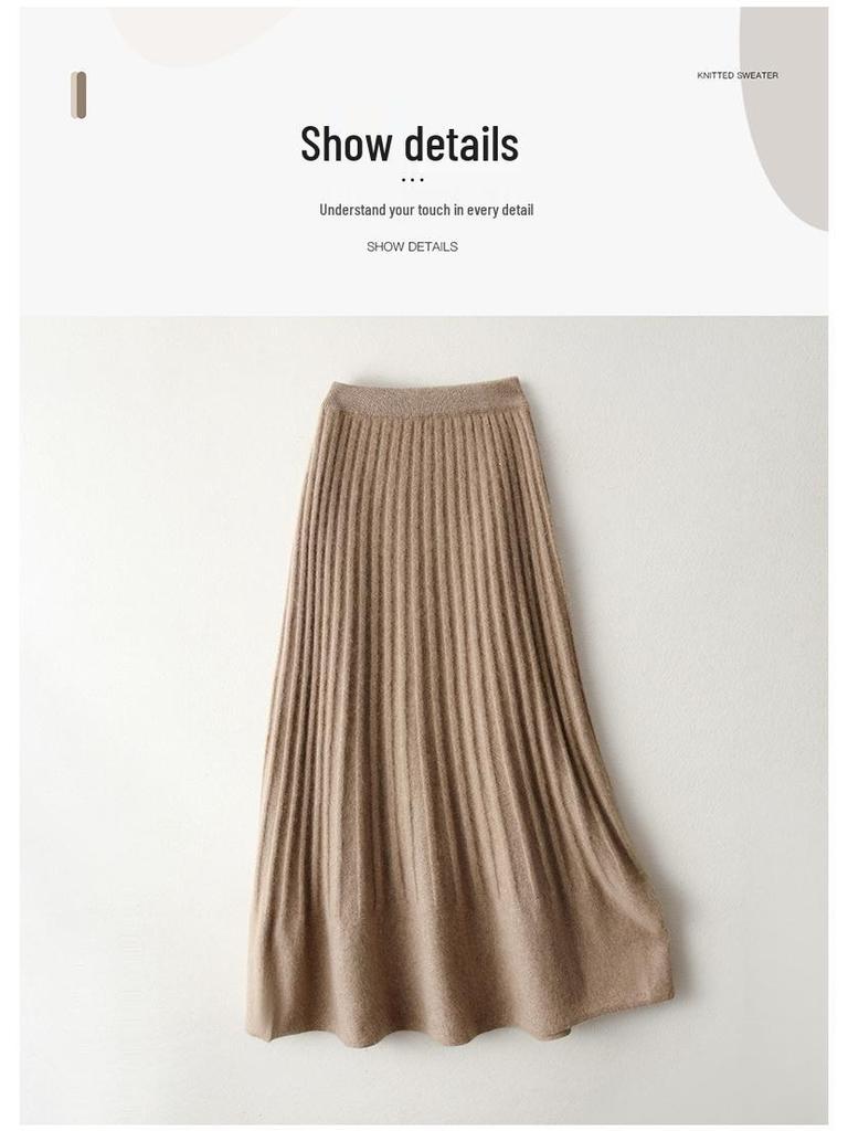 100% Wool Drapey A-Line Pleated Midi Skirt - Slimming and Large Swing Design for Spring and Autumn