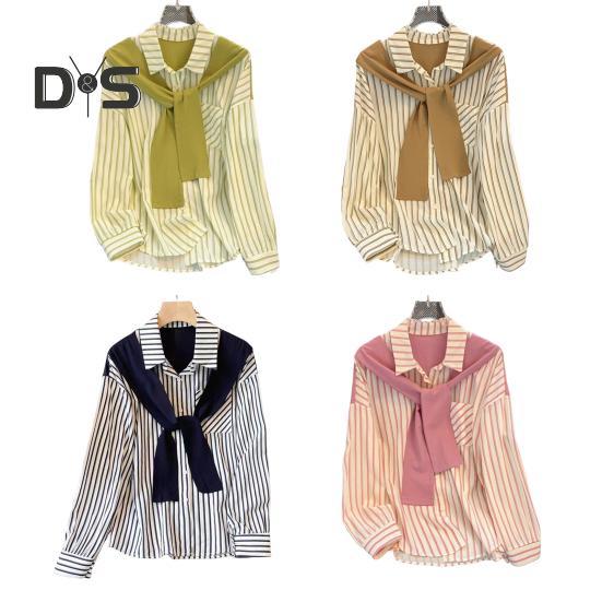 Women Shirt Lapel Long Sleeve Vertical Striped Fake Two-Piece Design Shawl Back Shirt Loose Fit Buttons Placket Shirt Tops