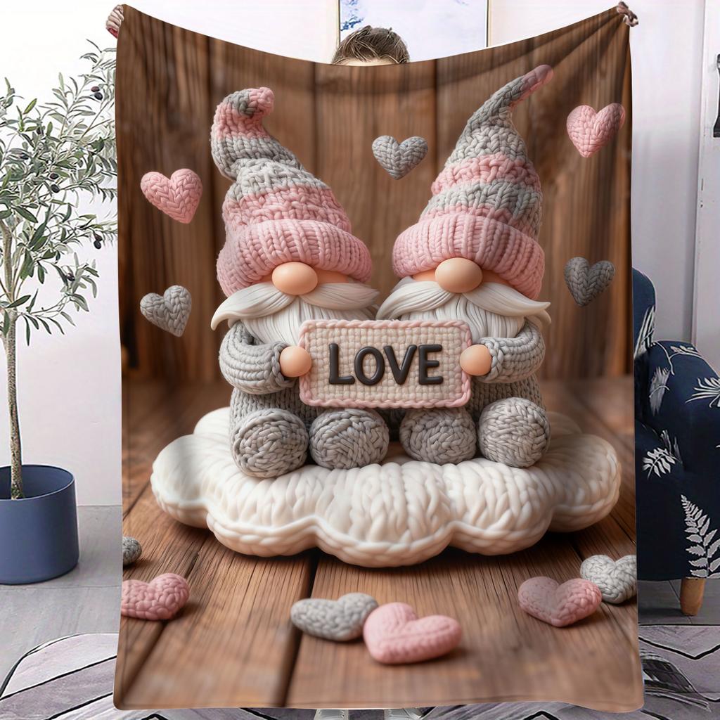Cute Gnome Couple Flannel Blanket Heart Pattern Warm Throw Lightweight Cozy Cover for Living Room Christmas Valentine's Day Gift