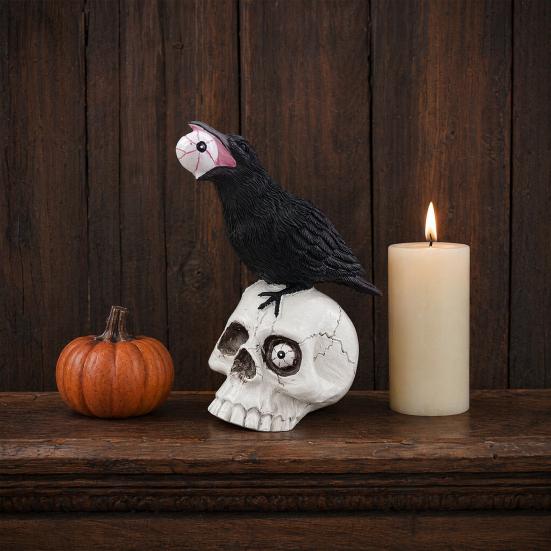 yangyizhi Raven on Skull Halloween Home Decor, Gothic Crow Statue, Bird Perching Skeleton Figurine, Macabre Ossuary Sculpture