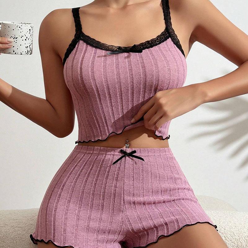 2 шт./комплект пижамы без рукавов пижамные штаны стрейч студенческие шорты майка домашняя одежда сексуальный кружевной топ сбоку женская студенческая пижама