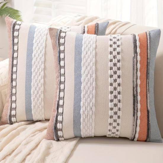 Boho Chenille Tufted Throw Pillow Cover Farmhouse Striped Decorative Cushion Case Square Pillowcase for Living Room Sofa Bed Couch Decor