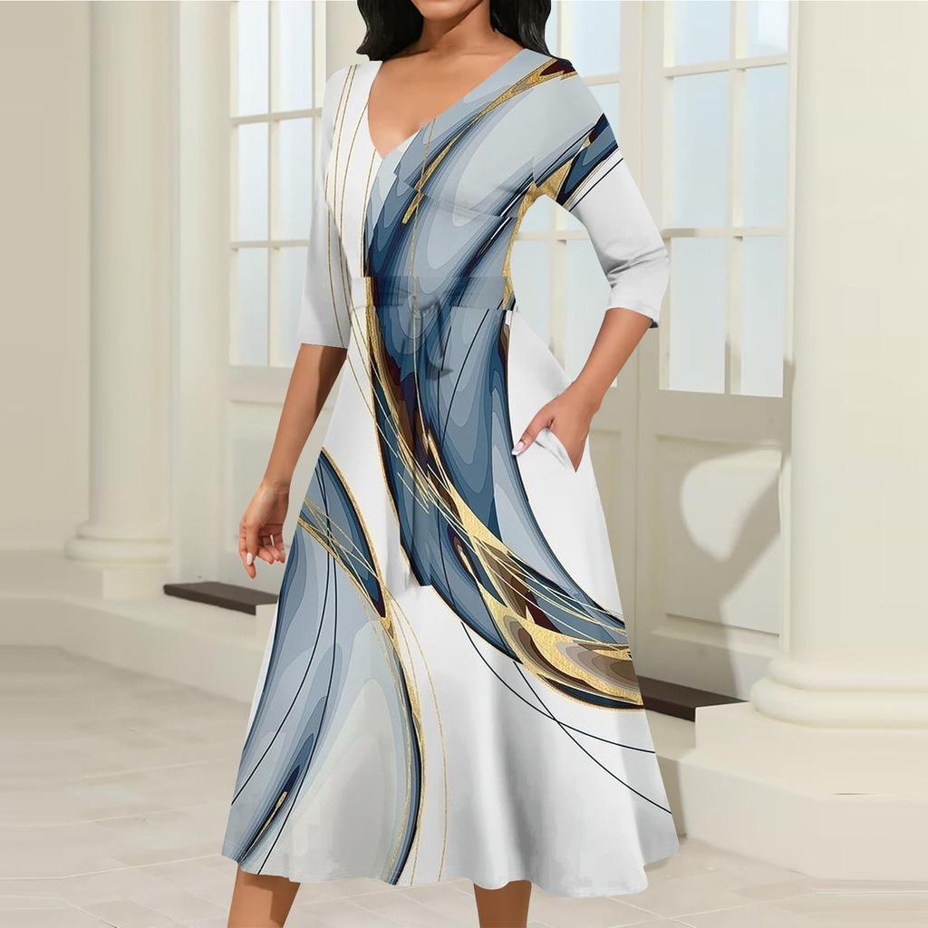 Женское повседневное модное платье миди с V-образным вырезом и рукавом три четверти