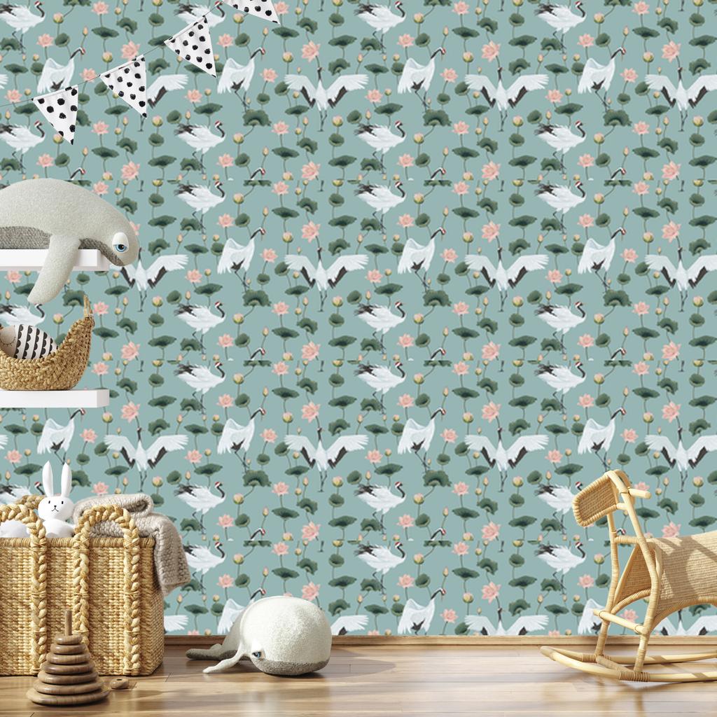 Beautiful Cranes and Flowers Wallpaper for Living Room and Bedroom 50x1000