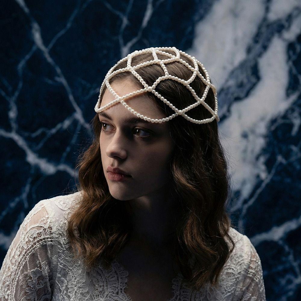 Pearls Weave Pearl Hat Chain Hand-Made Bridal Head Ornament Mesh Hair Accessories  Bridal Party