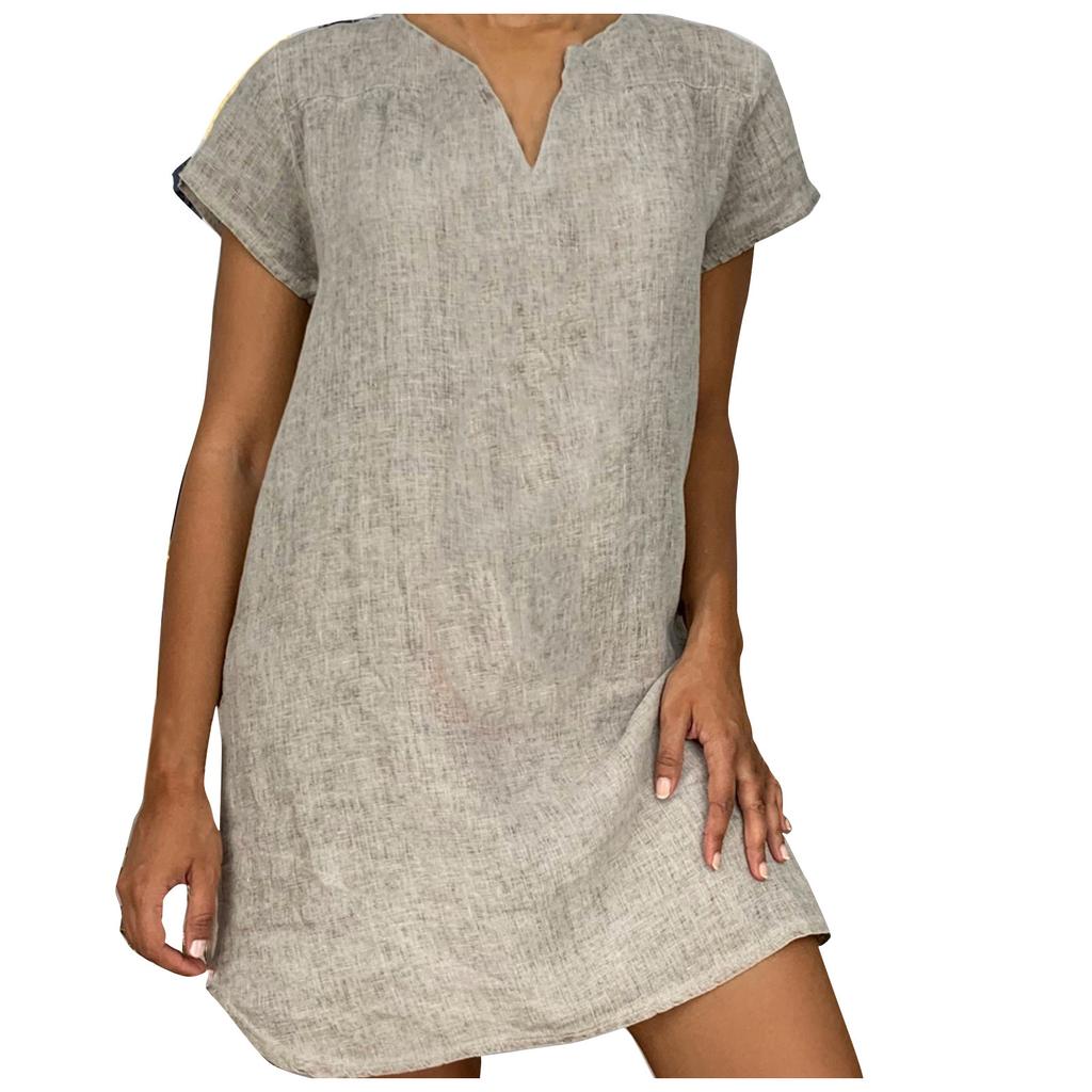 Женская мода, летняя свободная юбка, хлопковое льняное платье с коротким рукавом и v-образным вырезом