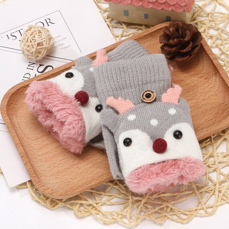 4-12 Years Children Gloves Winter Knitted Half Finger Plush Thick Warm Cartoon Boy Girl Christmas Flip Gloves
