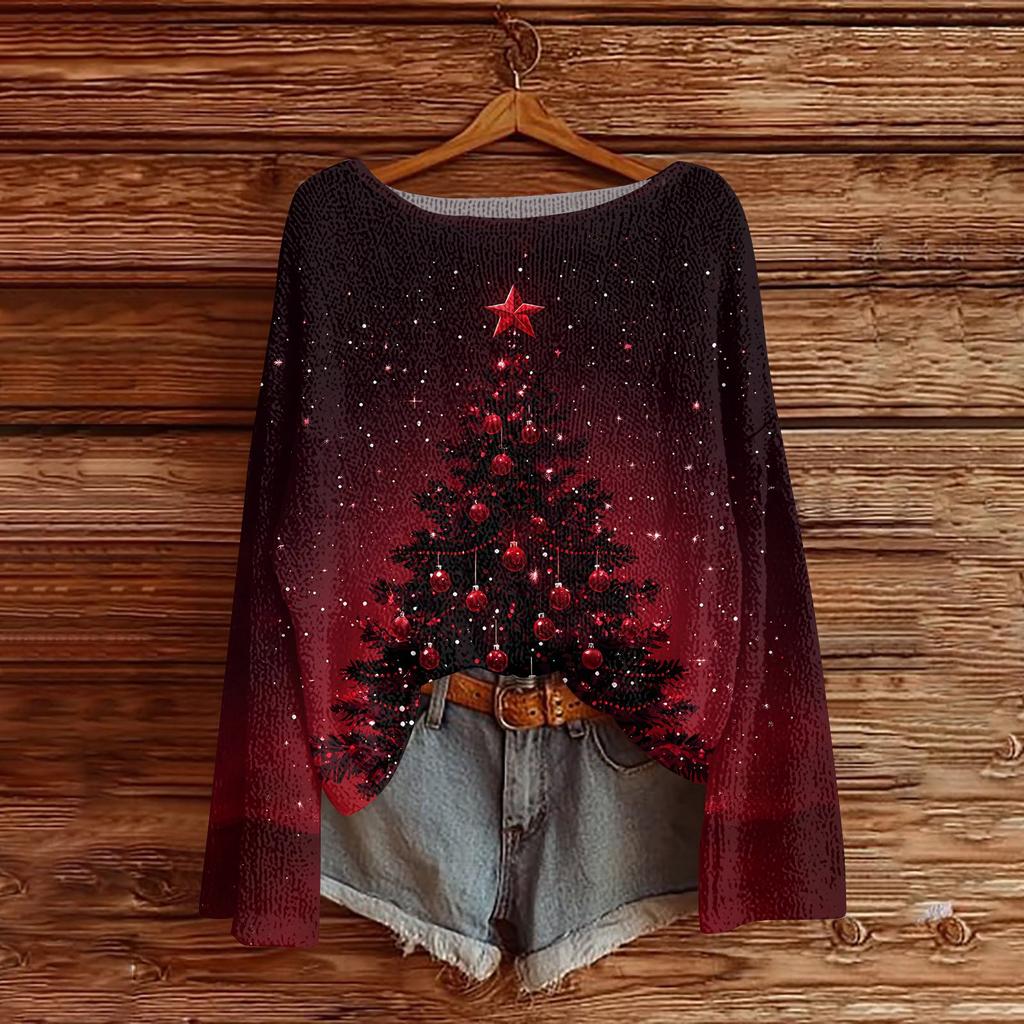 Women's Round Neck Lightweight Sweater Casual Long Sleeve Christmas Print Knit Pullover.