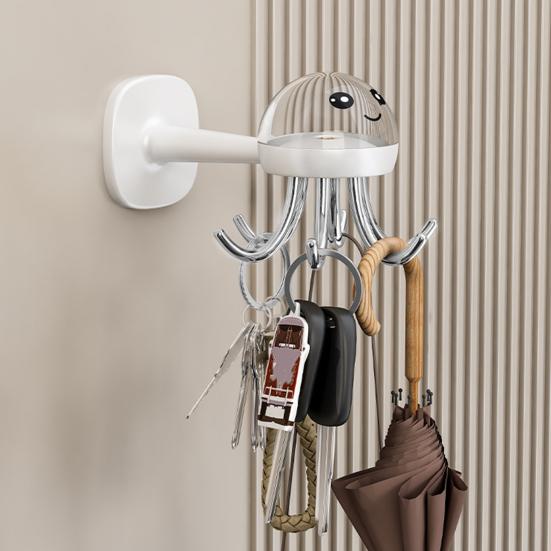 Пластиковая настенная полка-органайзер с прочным клейким креплением, грузоподъемная, в форме мультяшного осьминога, дизайн с шестью крючками, полка для хранения в ванной