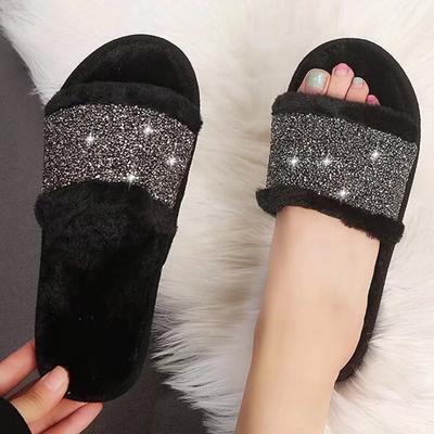 Модные Модные Блестящие Хлопковые Тапочки для Женщин с Открытым Носком, Слипоны, Меховые Тапочки, Женские Осенне-Зимние Домашние Плоские Тапочки из Искусственного Меха, Меховые Шлепанцы Mujer