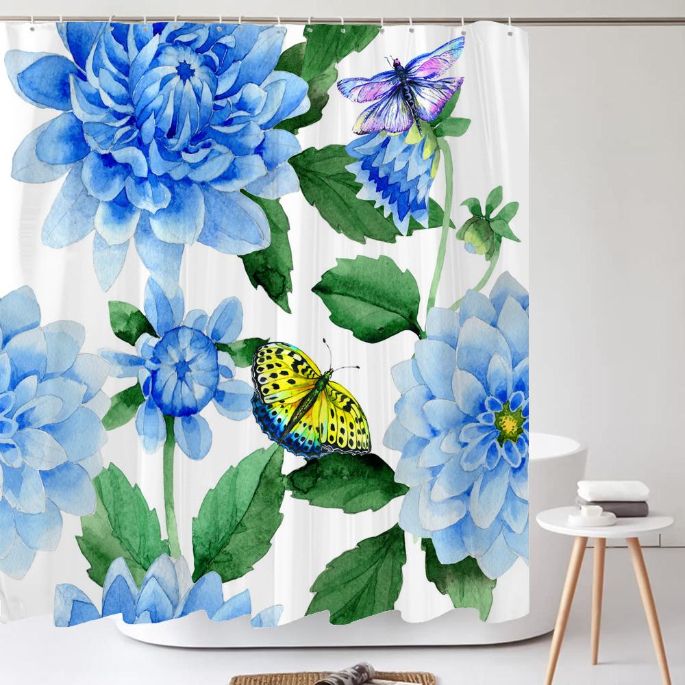 Colorful Beautiful Fresh Flowers Shower Curtain Bathroom Waterproof Polyester Butterfly 3D Print Curtains For Bathroom Shower