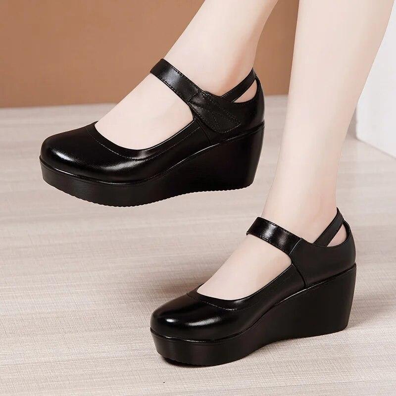 Round Toe Wedge Pumps Women Shoes Mary Jane Shoes Thick Bottom Leather Shoes Platform Pumps Fashion Brand Est Large Size