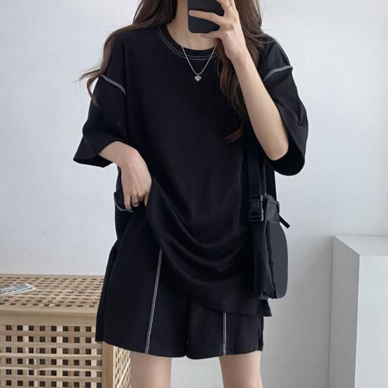 2 шт./компл. женский летний спортивный костюм с круглым вырезом и половиной рукавов, свободный топ с завязками, высокая эластичная талия, однотонный