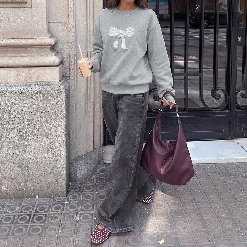Women S Loose Long Sleeve Round Neck Bow Sweatshirt Casual Top