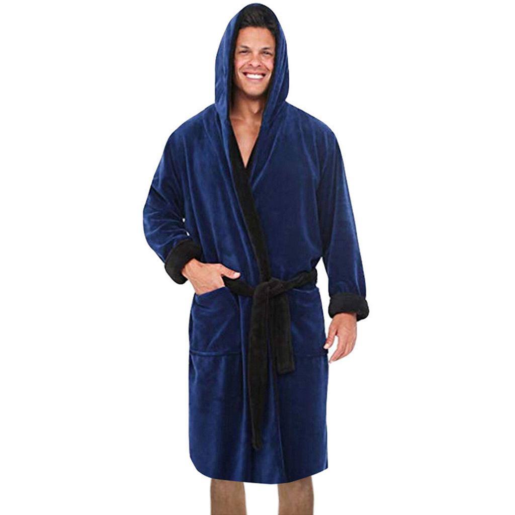 Men's Winter Lengthened Plush Shawl Bathrobe Home Clothes Long Sleeved Robe Coat