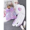 Girls' Outfit Set: Round Neck White Long Sleeve Purple Heart Pattern Sweatshirt, Baby Elastic Waist Pants, Fashionable Glossy Purple Sleeveless