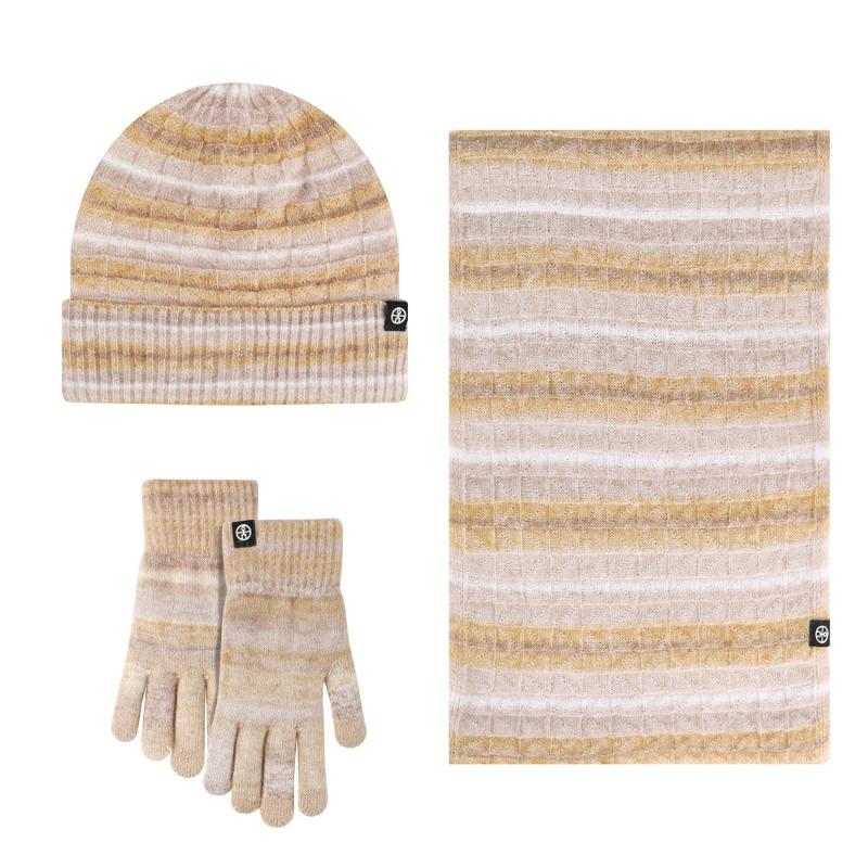 Wool Hat Scarf Gloves 3-piece Set Warm and Fleece Cold Striped Grid Gradual Change Scarf Three-piece Set